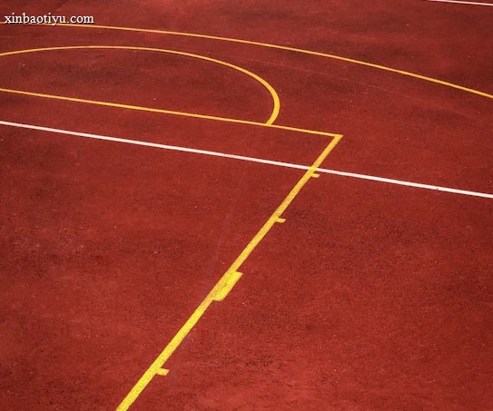 A sports court with a reddish-brown surface and bright yellow and white lines. The lines form geometric shapes, including rectangles and circles, suggesting markings for games like basketball or netball.